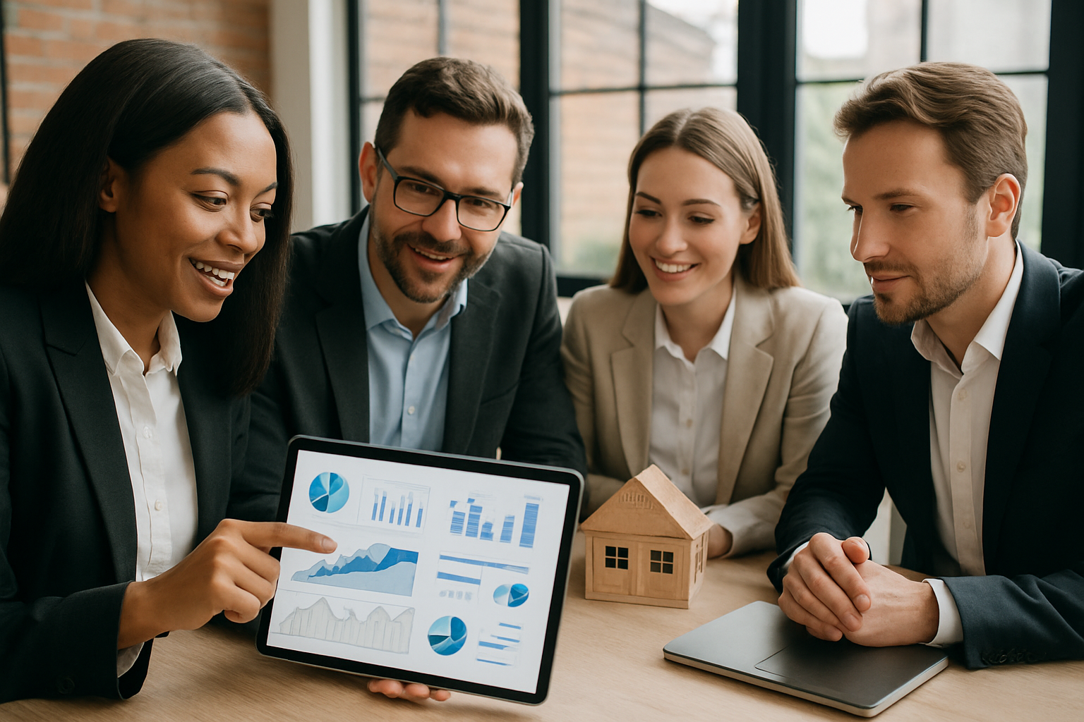 Real estate professionals collaborating with technology